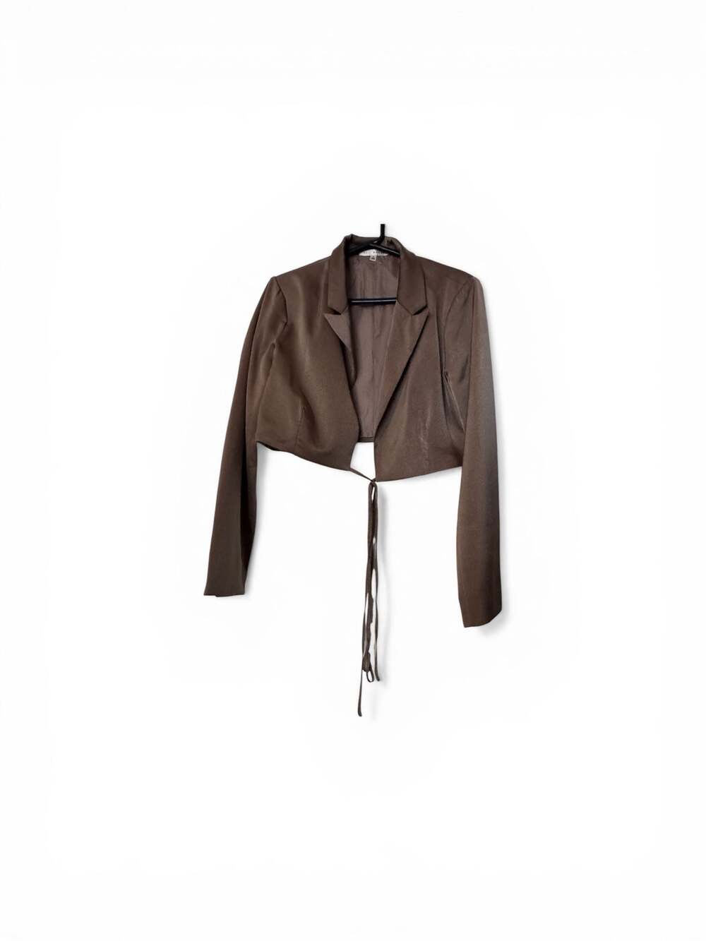 Her Bottari Chocolate Brown Satin Tie-Front Cropped Blazer